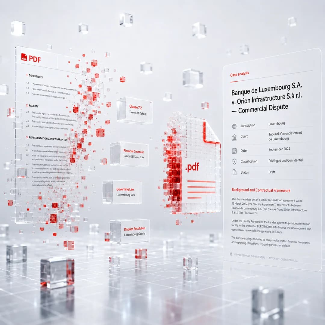 A PDF case file being read, with the key facts and fields highlighted and extracted
