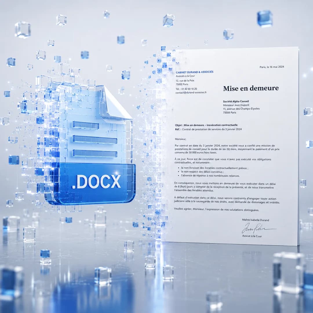 A generated mise en demeure exported as a formatted .docx document