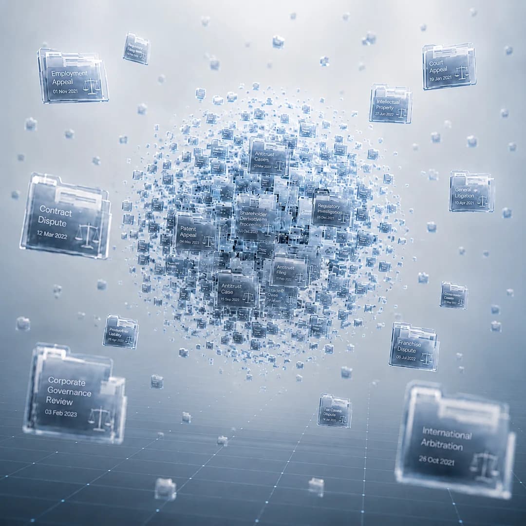 The Luxembourg case-law corpus visualised as a cloud of case folders around a glowing core